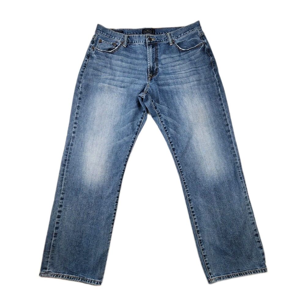 Lucky Brand 181 Relaxed Straight Jeans Mens 40x32 Blue Denim Whiskering Logo